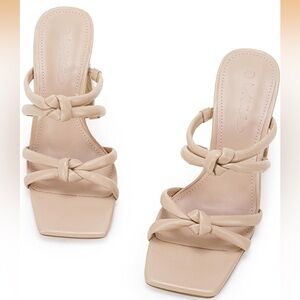 Knotted Strap Square-Toe Heels in Nude